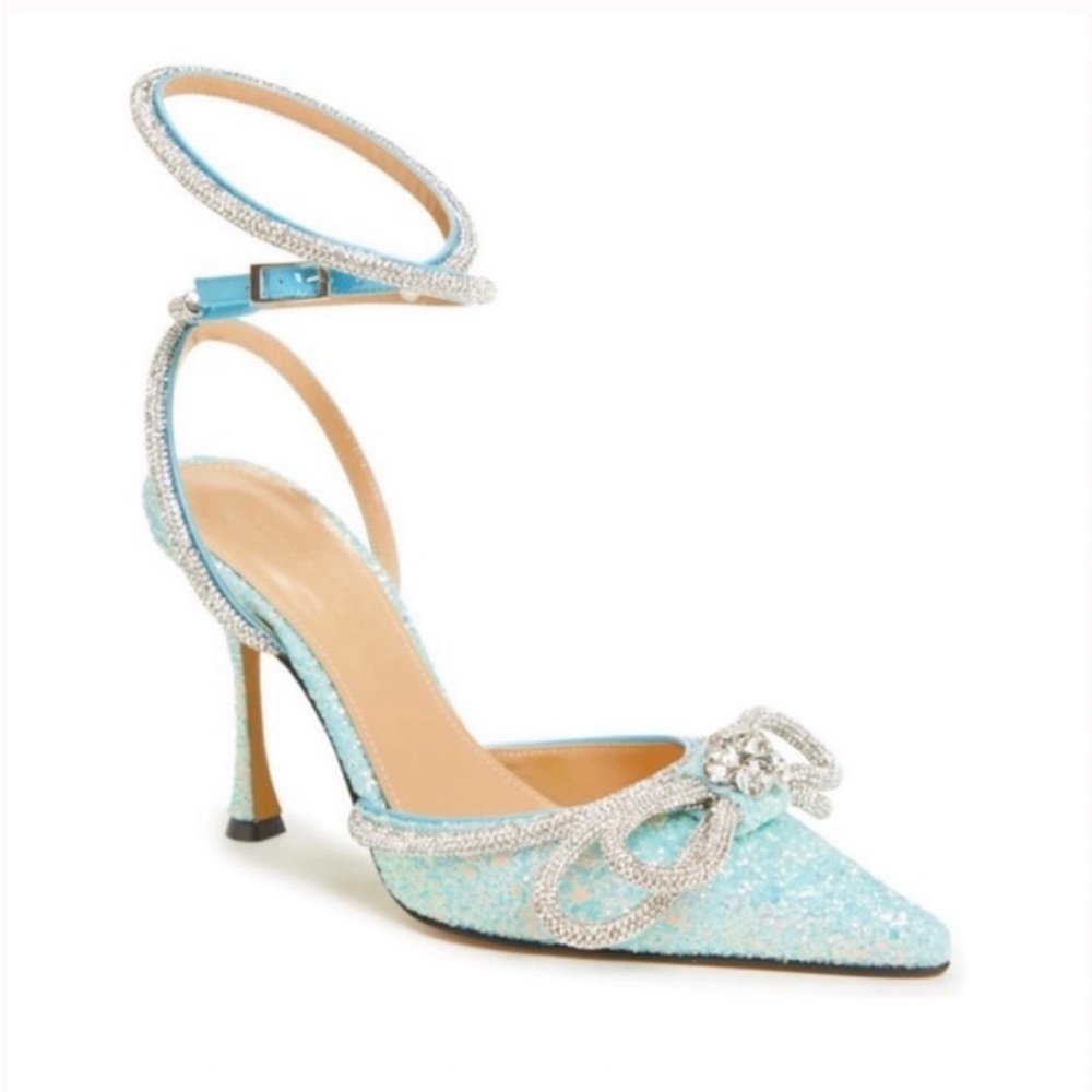 Mach & Mach Double Crystal Bow Glitter Baby Blue Pointed Toe Pump